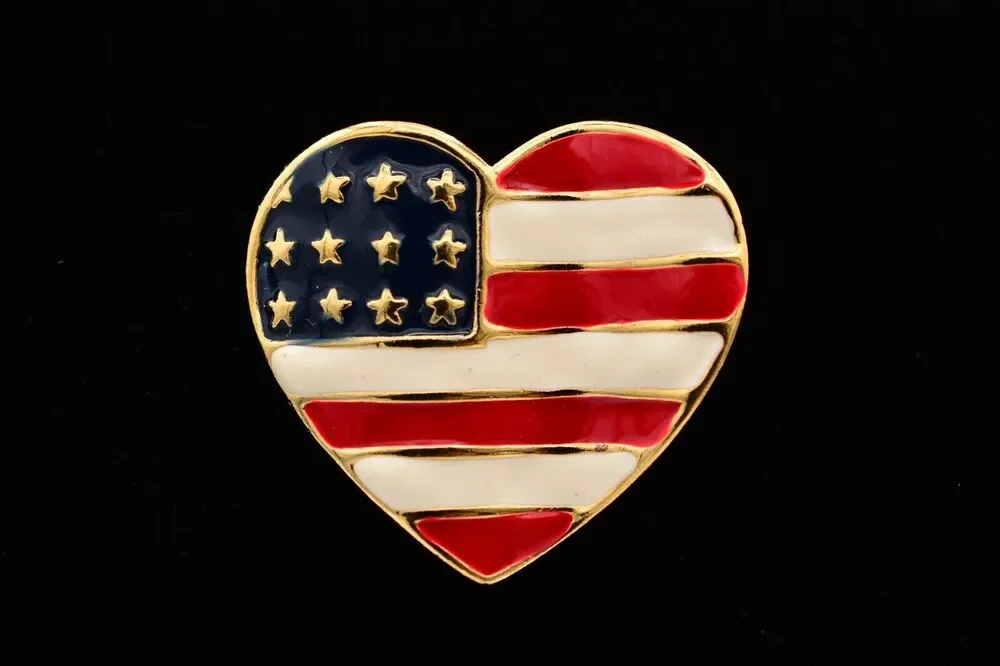 Vintage USA Heart Flag Pin Brooch American Red White Blue Gold Tone 1990s BinAT
